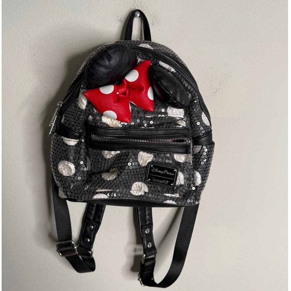 Disney Parks Loungefly Black Minnie Mouse Sequin Mini Backpack Polka Dot Travel‎